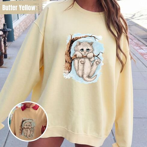 Opalitee Winter Kitten Unisex Sweatshirt Crewneck Pullover Cat Hanging from a tree Sweater Cat Unisex Cotton T-Shirt, in Saudi Arabia