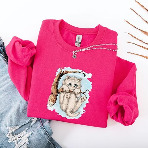 Opalitee Winter Kitten Unisex Sweatshirt Crewneck Pullover Cat Hanging from a tree Sweater Cat Unisex Cotton T-Shirt, in Saudi Arabia