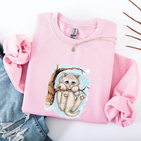 Opalitee Winter Kitten Unisex Sweatshirt Crewneck Pullover Cat Hanging from a tree Sweater Cat Unisex Cotton T-Shirt, in Saudi Arabia