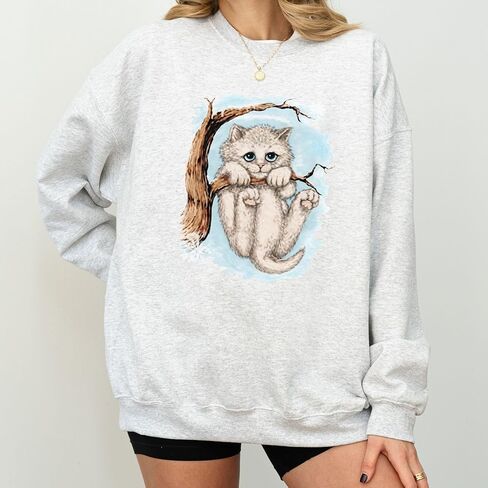 Opalitee Winter Kitten Unisex Sweatshirt Crewneck Pullover Cat Hanging from a tree Sweater Cat Unisex Cotton T-Shirt, in Saudi Arabia
