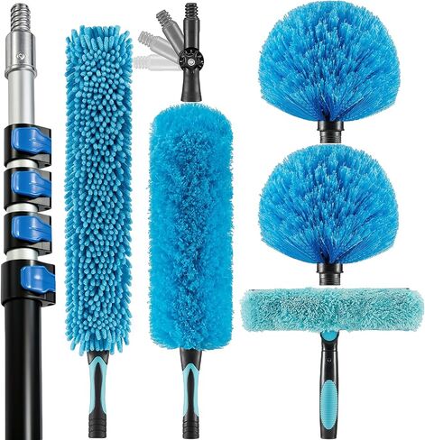 20 Foot High Ceiling Fan, Cobweb Duster with 5-12ft Extension Pole | Extendable, Reusable Feather, Window Cleaning Squeegee Kit in Saudi Arabia