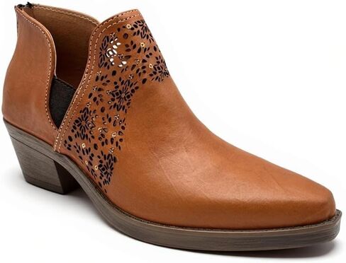 Mexican Handmade Leather Laser-Cut Ankle Bootie With Beaded Accents, Handcrafted Mexican Boot, Floral Cutout, Low Heel, Comfortable Fit - Model 3115 in Saudi Arabia