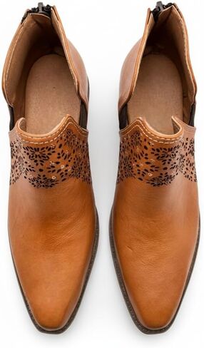 Mexican Handmade Leather Laser-Cut Ankle Bootie With Beaded Accents, Handcrafted Mexican Boot, Floral Cutout, Low Heel, Comfortable Fit - Model 3115 in Saudi Arabia