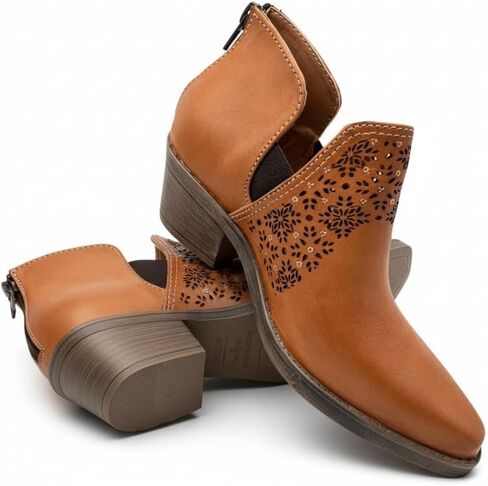 Mexican Handmade Leather Laser-Cut Ankle Bootie With Beaded Accents, Handcrafted Mexican Boot, Floral Cutout, Low Heel, Comfortable Fit - Model 3115 in Saudi Arabia