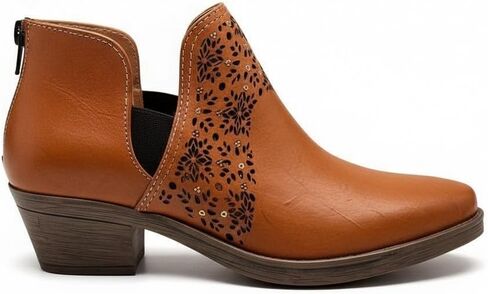 Mexican Handmade Leather Laser-Cut Ankle Bootie With Beaded Accents, Handcrafted Mexican Boot, Floral Cutout, Low Heel, Comfortable Fit - Model 3115 in Saudi Arabia