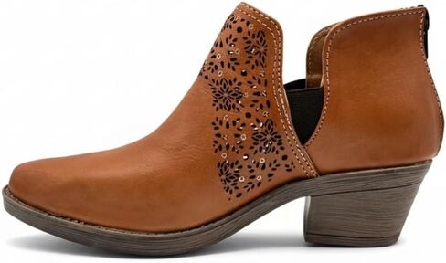 Mexican Handmade Leather Laser-Cut Ankle Bootie With Beaded Accents, Handcrafted Mexican Boot, Floral Cutout, Low Heel, Comfortable Fit - Model 3115 in Saudi Arabia