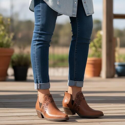 Mexican Handmade Leather Laser-Cut Ankle Bootie With Beaded Accents, Handcrafted Mexican Boot, Floral Cutout, Low Heel, Comfortable Fit - Model 3115 in Saudi Arabia