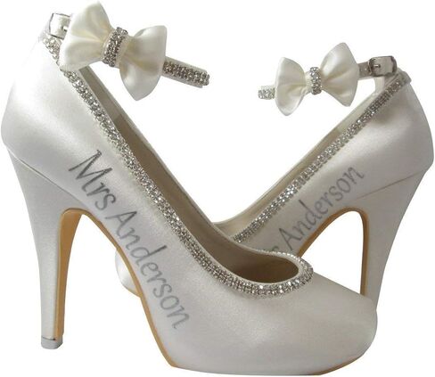 Silver & Ivory Customized Satin Bow Wedding Heels with Closed Toe Pump in Saudi Arabia