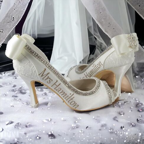 Cute Shoes for Bride with Name, Ivory Bows, Champagne & White in Saudi Arabia