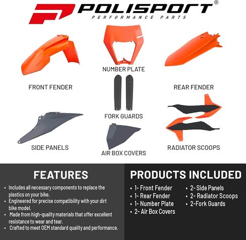 Polisport Motocross (MX) مجموعة بلاستيكية متماثلة لـ KTM EXC/XC-W/XCF-W (2020-2023) دراجة ترابية-جودة OEM ، دائمة ، مرنة ومثالية-Nardo Gray in Kuwait