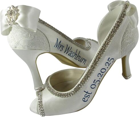 Bow Flip Flops Mrs Last Name Personalized Ivory & Blue Satin Wedding Heels, Bridal Shoes, Rhinestone 3.5 Inch in Saudi Arabia