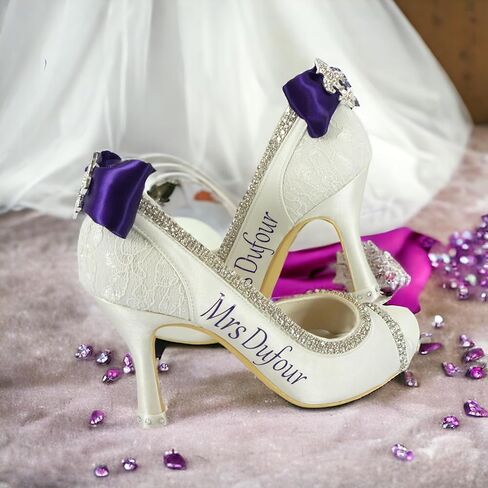 Bow Flip Flops Mrs Last Name Personalized Ivory & Blue Satin Wedding Heels, Bridal Shoes, Rhinestone 3.5 Inch in Saudi Arabia