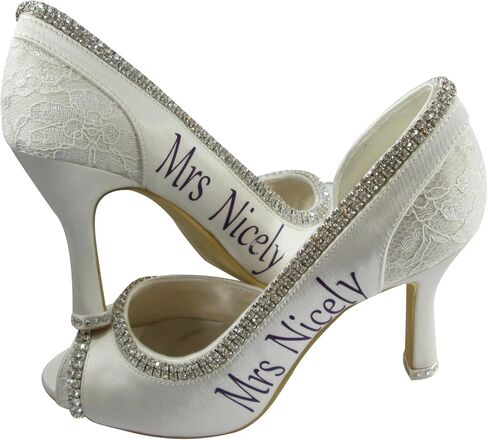 Shimmer Mrs Last Name Wedding Shoes, Lace & Satin Open Toe, Purple Ivory White Rhinestone Peep Pumps in 3.5 inch Heel in Saudi Arabia