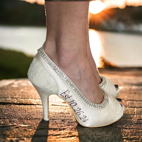 Shimmer Mrs Last Name Wedding Shoes, Lace & Satin Open Toe, Purple Ivory White Rhinestone Peep Pumps in 3.5 inch Heel in Saudi Arabia