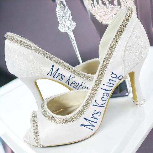 Shimmer Mrs Last Name Wedding Shoes, Lace & Satin Open Toe, Purple Ivory White Rhinestone Peep Pumps in 3.5 inch Heel in Saudi Arabia