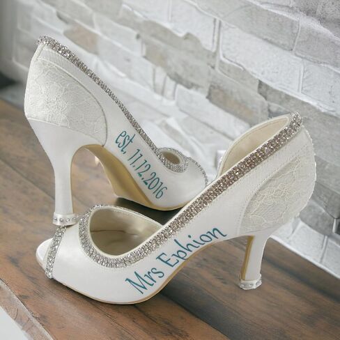 Shimmer Mrs Last Name Wedding Shoes, Lace & Satin Open Toe, Purple Ivory White Rhinestone Peep Pumps in 3.5 inch Heel in Saudi Arabia