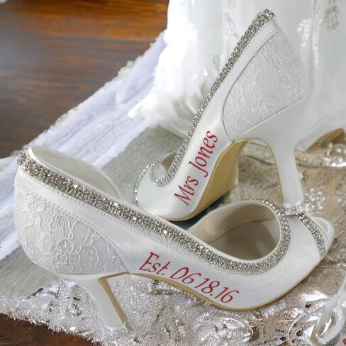 Shimmer Mrs Last Name Wedding Shoes, Lace & Satin Open Toe, Purple Ivory White Rhinestone Peep Pumps in 3.5 inch Heel in Saudi Arabia