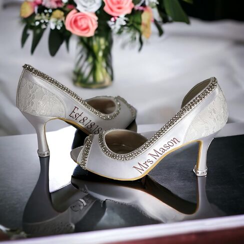 Shimmer Mrs Last Name Wedding Shoes, Lace & Satin Open Toe, Purple Ivory White Rhinestone Peep Pumps in 3.5 inch Heel in Saudi Arabia