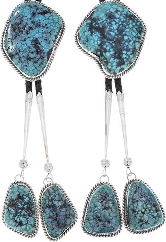 Alltribes Navajo Birdseye Kingman الفيروز الكتلة الفضة بولو التعادل تصميم الاسترليني مع نصائح مطابقة على جلد طبيعي 0075 in Kuwait