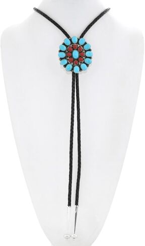 Alltribes Navajo Sleeping Beauty الفيروز المرجان العنقودية الفضة بولو التعادل تصميم الاسترليني على جلد طبيعي 0354 in Kuwait