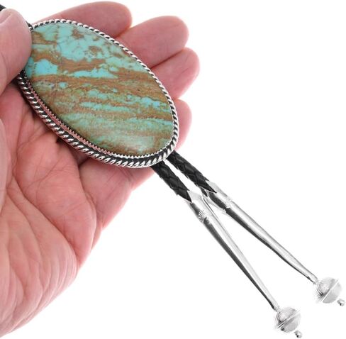 Alltribes Large Nevada Green Turquoise Sterling Navajo Bolo Tie Twist Wire Rope Design on Genuine Leather 0043 in Saudi Arabia