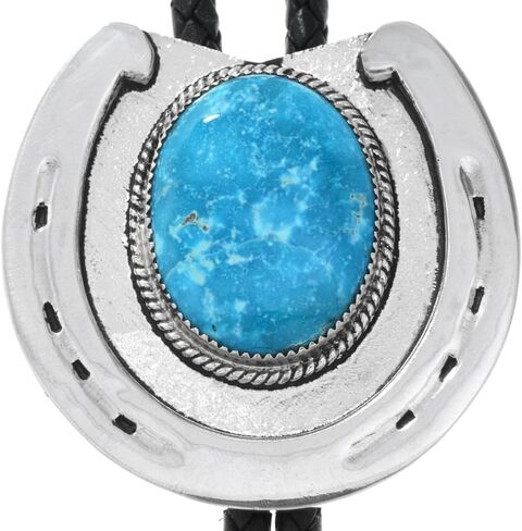 Alltribes Navajo Sterling Horseshoe Blue Turquoise Bolo Tie Realistic and Textured Design on Genuine Leather 0341 in Saudi Arabia