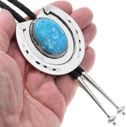 Alltribes Navajo Sterling Horseshoe Blue Turquoise Bolo Tie Realistic and Textured Design on Genuine Leather 0341 in Saudi Arabia