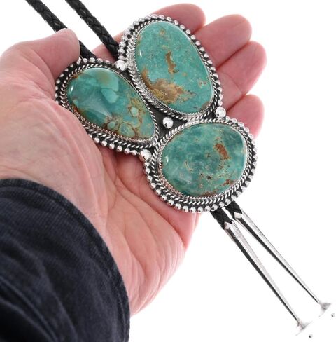 Alltribes Navajo Patagonia Turquoise ثلاثة أحجار فضية تصميم بولو على جلد طبيعي 0070 in Saudi Arabia