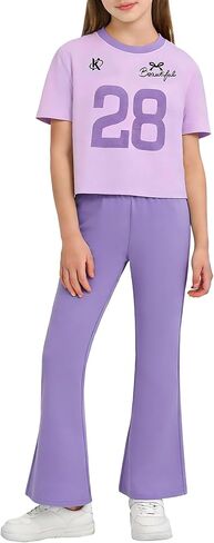 مجموعة ملابس للفتيات مكونة من قطعتين بأكمام قصيرة وبنطلون واسع الخصر وأكمام قصيرة ملابس أطفال غير رسمية لعمر 6-14 عامًا in Kuwait