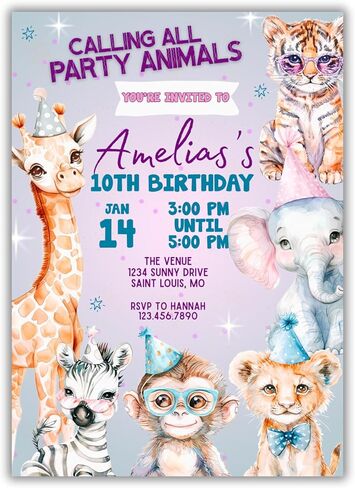 Personalized Party Animals Birthday Invitation | Custom Kids Birthday Invite | Digital Download or Printed Invitations with Envelopes | Zoo Animal Party Theme in Saudi Arabia