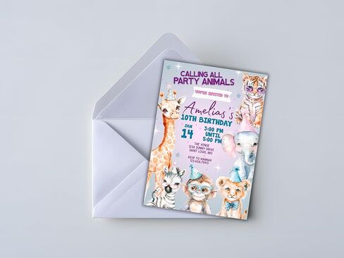 Personalized Party Animals Birthday Invitation | Custom Kids Birthday Invite | Digital Download or Printed Invitations with Envelopes | Zoo Animal Party Theme in Saudi Arabia