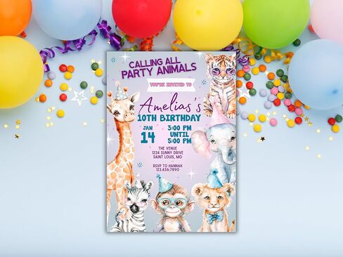 Personalized Party Animals Birthday Invitation | Custom Kids Birthday Invite | Digital Download or Printed Invitations with Envelopes | Zoo Animal Party Theme in Saudi Arabia