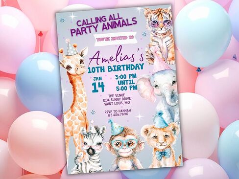Personalized Party Animals Birthday Invitation | Custom Kids Birthday Invite | Digital Download or Printed Invitations with Envelopes | Zoo Animal Party Theme in Saudi Arabia