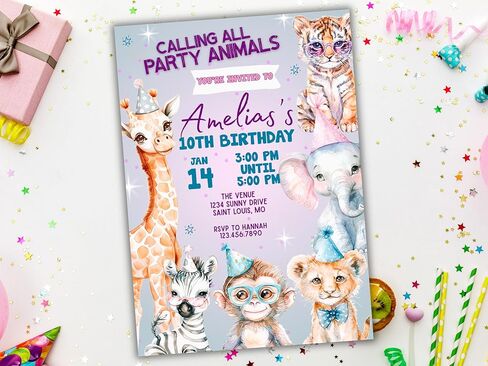 Personalized Party Animals Birthday Invitation | Custom Kids Birthday Invite | Digital Download or Printed Invitations with Envelopes | Zoo Animal Party Theme in Saudi Arabia