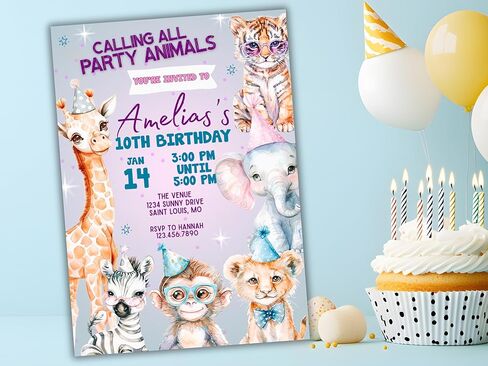 Personalized Party Animals Birthday Invitation | Custom Kids Birthday Invite | Digital Download or Printed Invitations with Envelopes | Zoo Animal Party Theme in Saudi Arabia