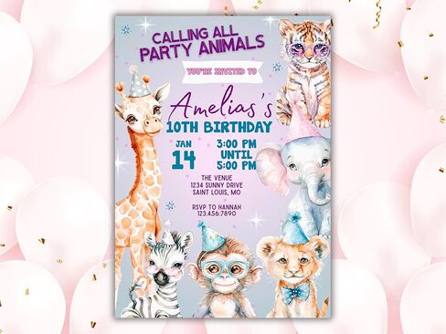 Personalized Party Animals Birthday Invitation | Custom Kids Birthday Invite | Digital Download or Printed Invitations with Envelopes | Zoo Animal Party Theme in Saudi Arabia
