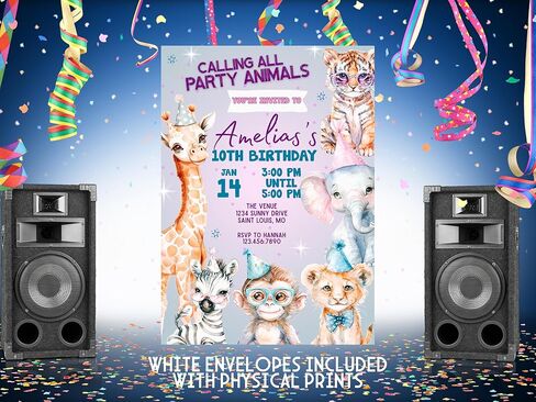 Personalized Party Animals Birthday Invitation | Custom Kids Birthday Invite | Digital Download or Printed Invitations with Envelopes | Zoo Animal Party Theme in Saudi Arabia