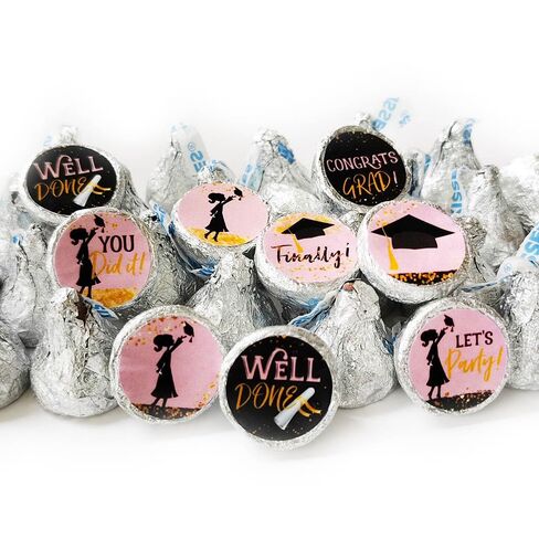 Girl Graduation Party Favor Candy Stickers by Adore By Nat - Class of 2025 Mini Round Sticker Labels Fit Kiss Chocolate in Black, Gold, and Pink - Set of 240 in Saudi Arabia