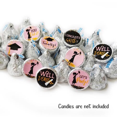 Girl Graduation Party Favor Candy Stickers by Adore By Nat - Class of 2025 Mini Round Sticker Labels Fit Kiss Chocolate in Black, Gold, and Pink - Set of 240 in Saudi Arabia