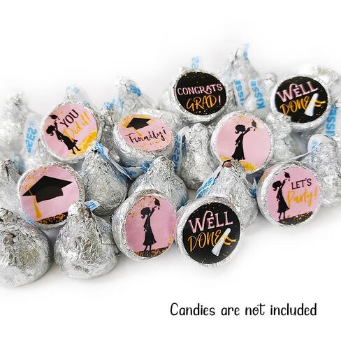Girl Graduation Party Favor Candy Stickers by Adore By Nat - Class of 2025 Mini Round Sticker Labels Fit Kiss Chocolate in Black, Gold, and Pink - Set of 240 in Saudi Arabia
