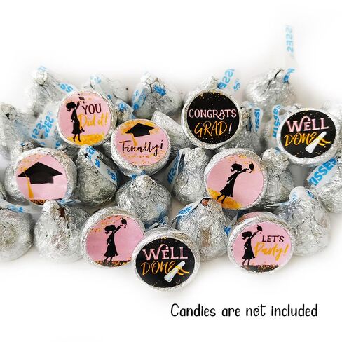 Girl Graduation Party Favor Candy Stickers by Adore By Nat - Class of 2025 Mini Round Sticker Labels Fit Kiss Chocolate in Black, Gold, and Pink - Set of 240 in Saudi Arabia