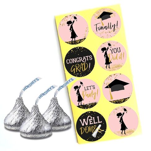 Girl Graduation Party Favor Candy Stickers by Adore By Nat - Class of 2025 Mini Round Sticker Labels Fit Kiss Chocolate in Black, Gold, and Pink - Set of 240 in Saudi Arabia