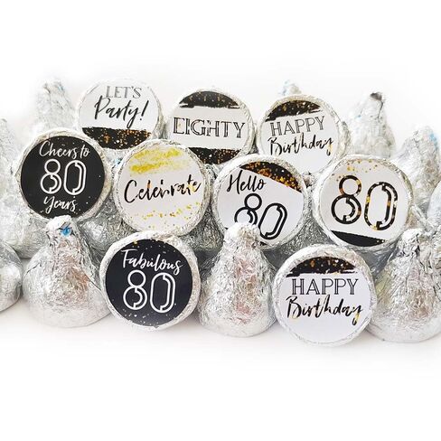 80th Birthday Party Favor Candy Stickers by Adore By Nat - Eighty Mini Round Sticker Labels Fit Kiss Chocolate in Black and Gold - Set of 240 in Saudi Arabia