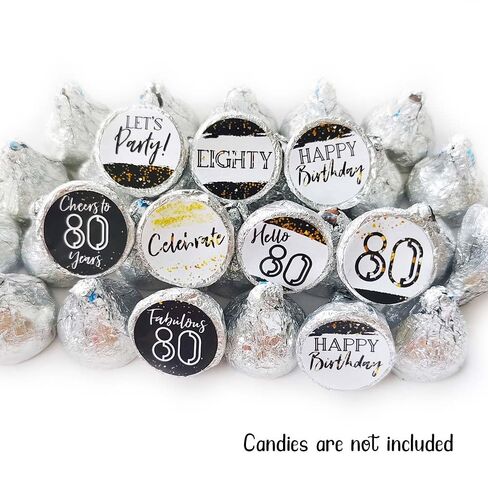 80th Birthday Party Favor Candy Stickers by Adore By Nat - Eighty Mini Round Sticker Labels Fit Kiss Chocolate in Black and Gold - Set of 240 in Saudi Arabia