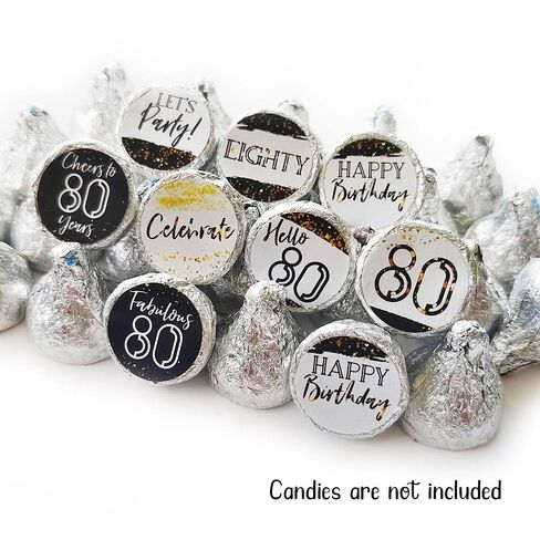80th Birthday Party Favor Candy Stickers by Adore By Nat - Eighty Mini Round Sticker Labels Fit Kiss Chocolate in Black and Gold - Set of 240 in Saudi Arabia