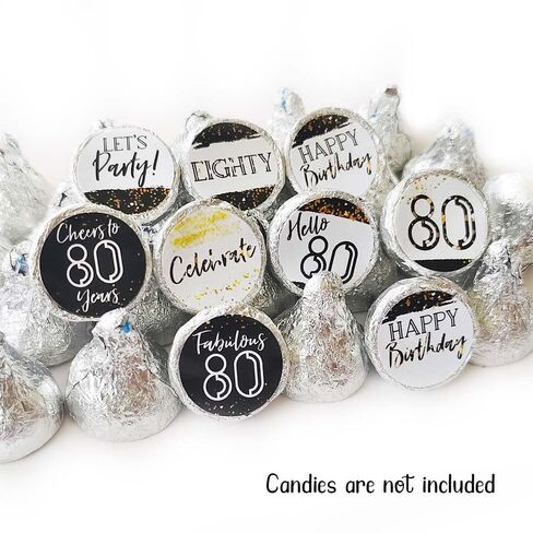 80th Birthday Party Favor Candy Stickers by Adore By Nat - Eighty Mini Round Sticker Labels Fit Kiss Chocolate in Black and Gold - Set of 240 in Saudi Arabia