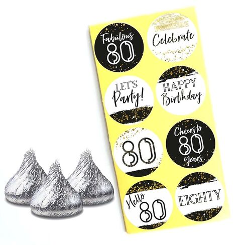 80th Birthday Party Favor Candy Stickers by Adore By Nat - Eighty Mini Round Sticker Labels Fit Kiss Chocolate in Black and Gold - Set of 240 in Saudi Arabia