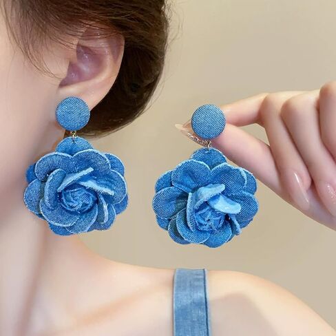 Denim Earrings Flower Earrings for Women Blue Floral Earrings Long Denim Drop Earring Fashion Jewelry Gifts-BlueA in Saudi Arabia