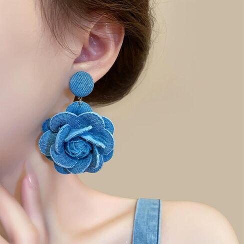 Denim Earrings Flower Earrings for Women Blue Floral Earrings Long Denim Drop Earring Fashion Jewelry Gifts-BlueA in Saudi Arabia