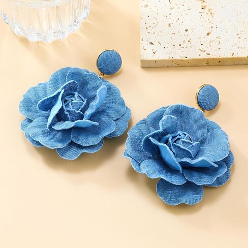Denim Earrings Flower Earrings for Women Blue Floral Earrings Long Denim Drop Earring Fashion Jewelry Gifts-BlueA in Saudi Arabia
